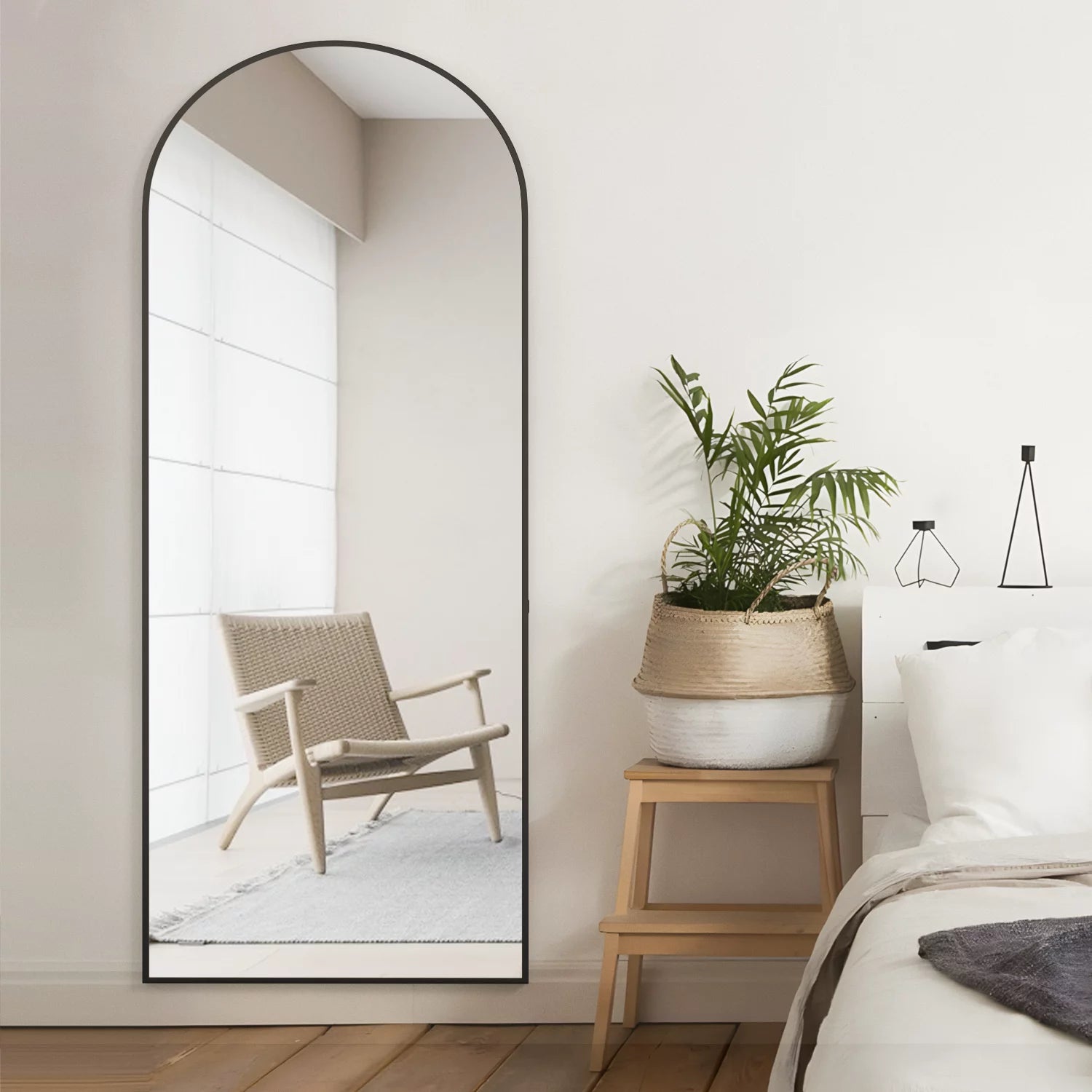 Full Length Mirror Arched Mirror, Floor Mirror with Stand, 64" X 21" Full Body Mirror Black Arch Standing Mirror Large Bedroom Mirror