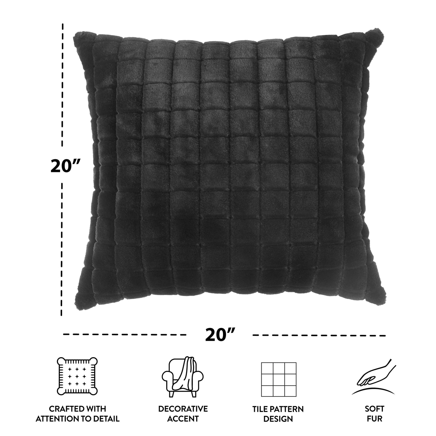 (2 Pack)  Square Tile Faux Fur Black Pillow, 20 in X 20 In, Polyester Fill