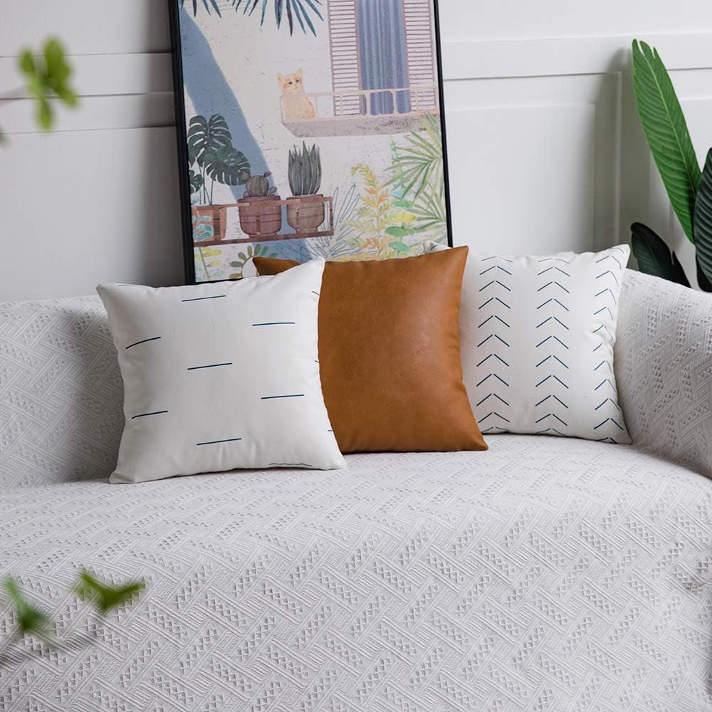 Decorative Throw Pillow Covers: Set of 6 Modern Boho Square Cotton and Faux Leather Pillow Cases for Home Decor Living Room Farmhouse Sofa Couch, 18 X 18 Inch, White/Teal/Brown