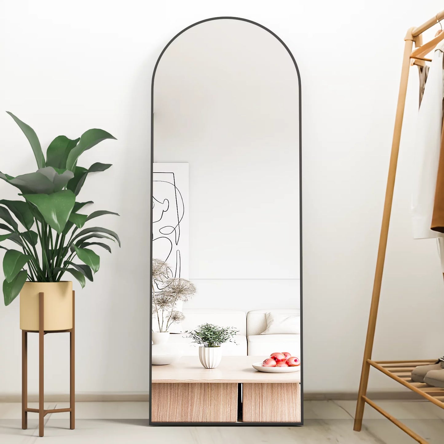 Full Length Mirror Arched Mirror, Floor Mirror with Stand, 64" X 21" Full Body Mirror Black Arch Standing Mirror Large Bedroom Mirror