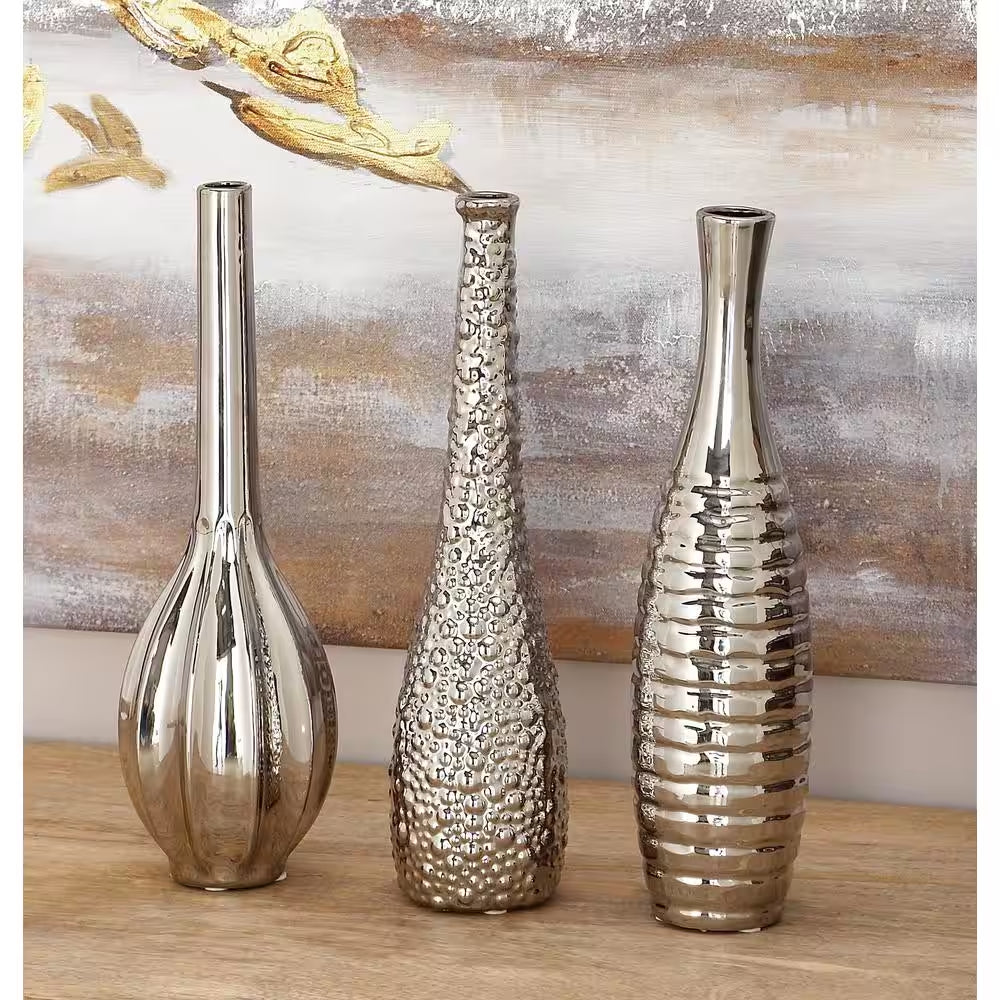 3 In., 12 In. Silver Slim Textured Bottleneck Ceramic Decorative Vase with Varying Patterns (Set of 3)