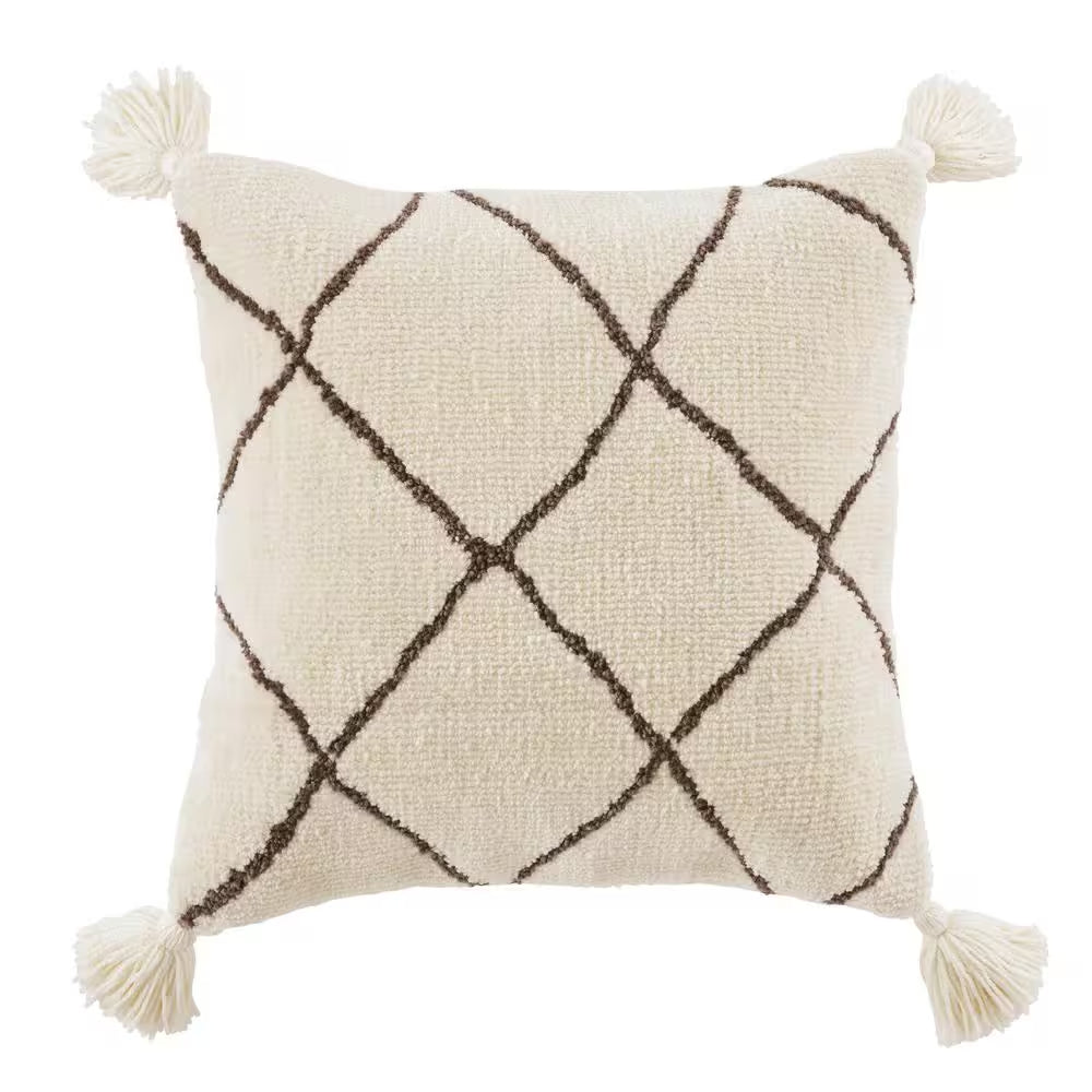 Cream Geometric Diamond 18 In. X 18 In. Square Decorative Throw Pillow with Tassels