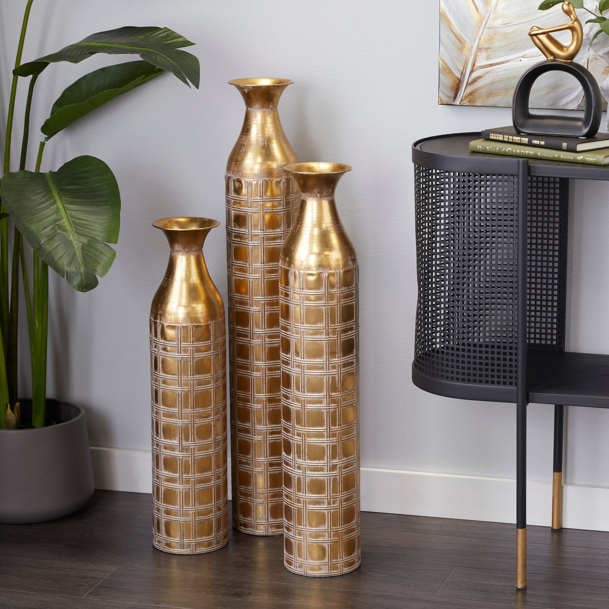 35", 30", 25"H Tall Distressed Metallic Gold Metal Vase with Etched Grid Patterns, Set of 3