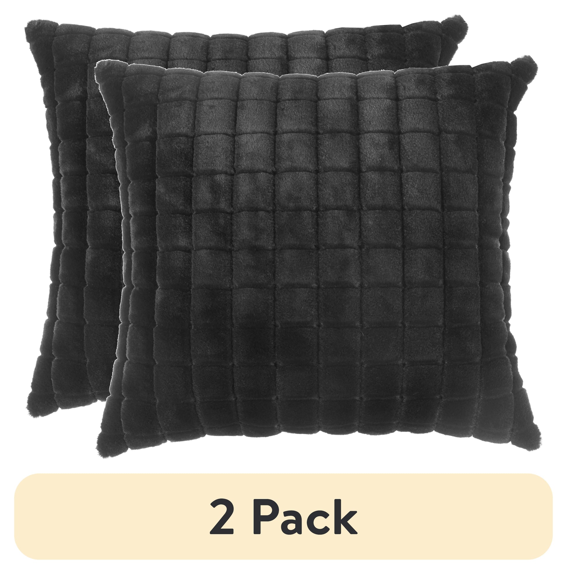 (2 Pack)  Square Tile Faux Fur Black Pillow, 20 in X 20 In, Polyester Fill