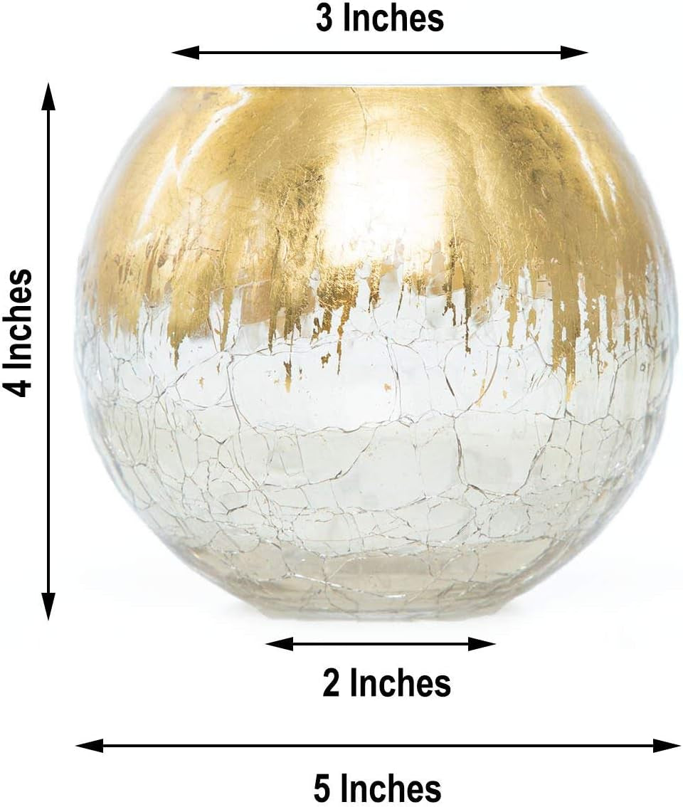 4 in Tall Gold Crackle Glass round Candle Holder Vase