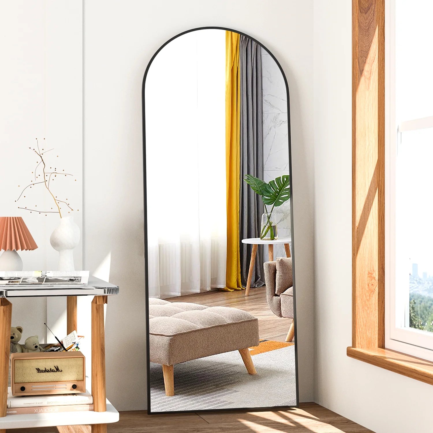 Full Length Mirror Arched Mirror, Floor Mirror with Stand, 64" X 21" Full Body Mirror Black Arch Standing Mirror Large Bedroom Mirror