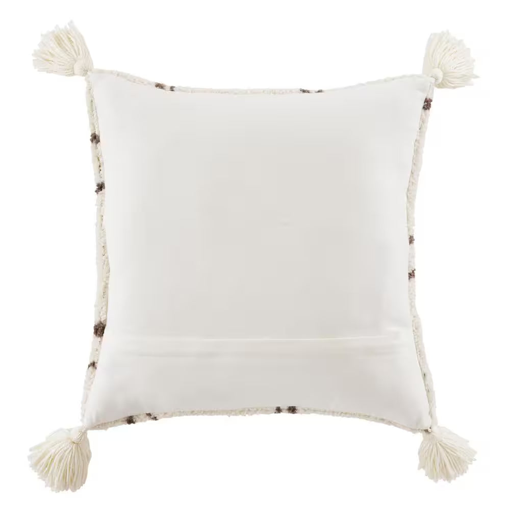 Cream Geometric Diamond 18 In. X 18 In. Square Decorative Throw Pillow with Tassels