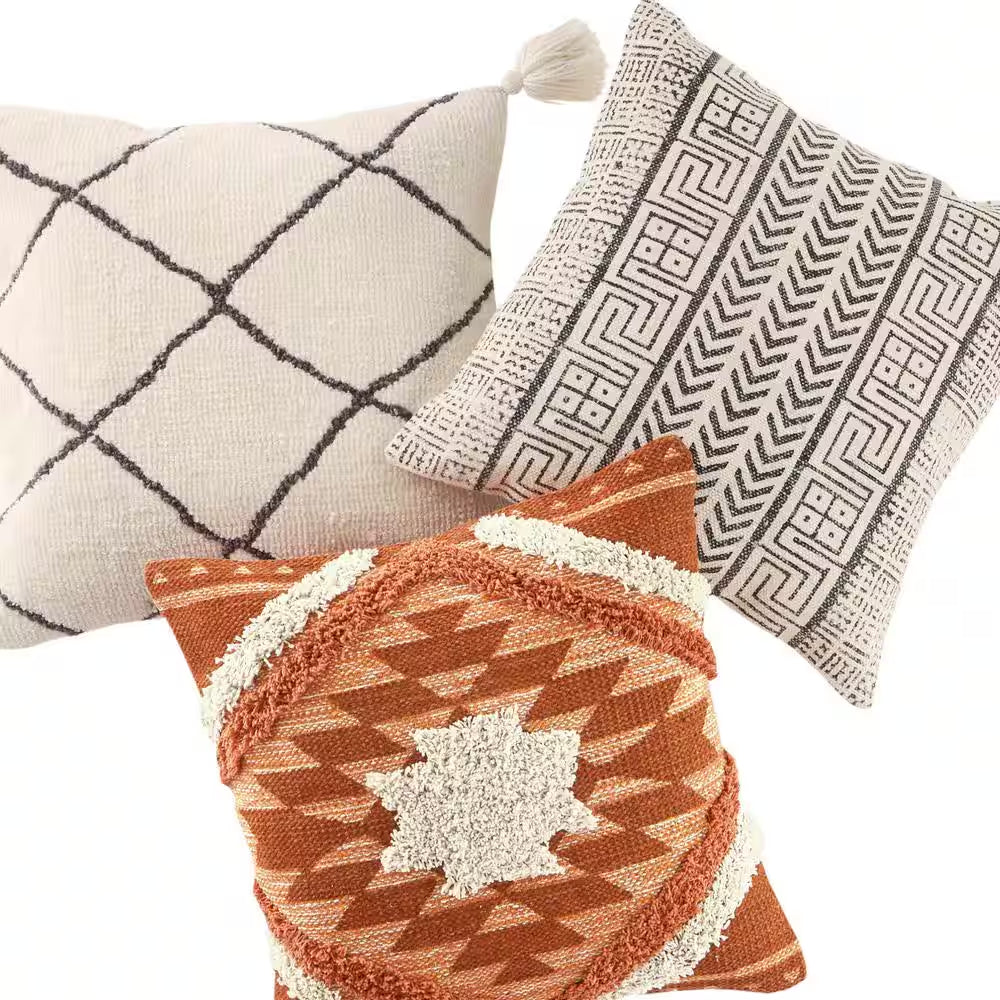 Cream Geometric Diamond 18 In. X 18 In. Square Decorative Throw Pillow with Tassels