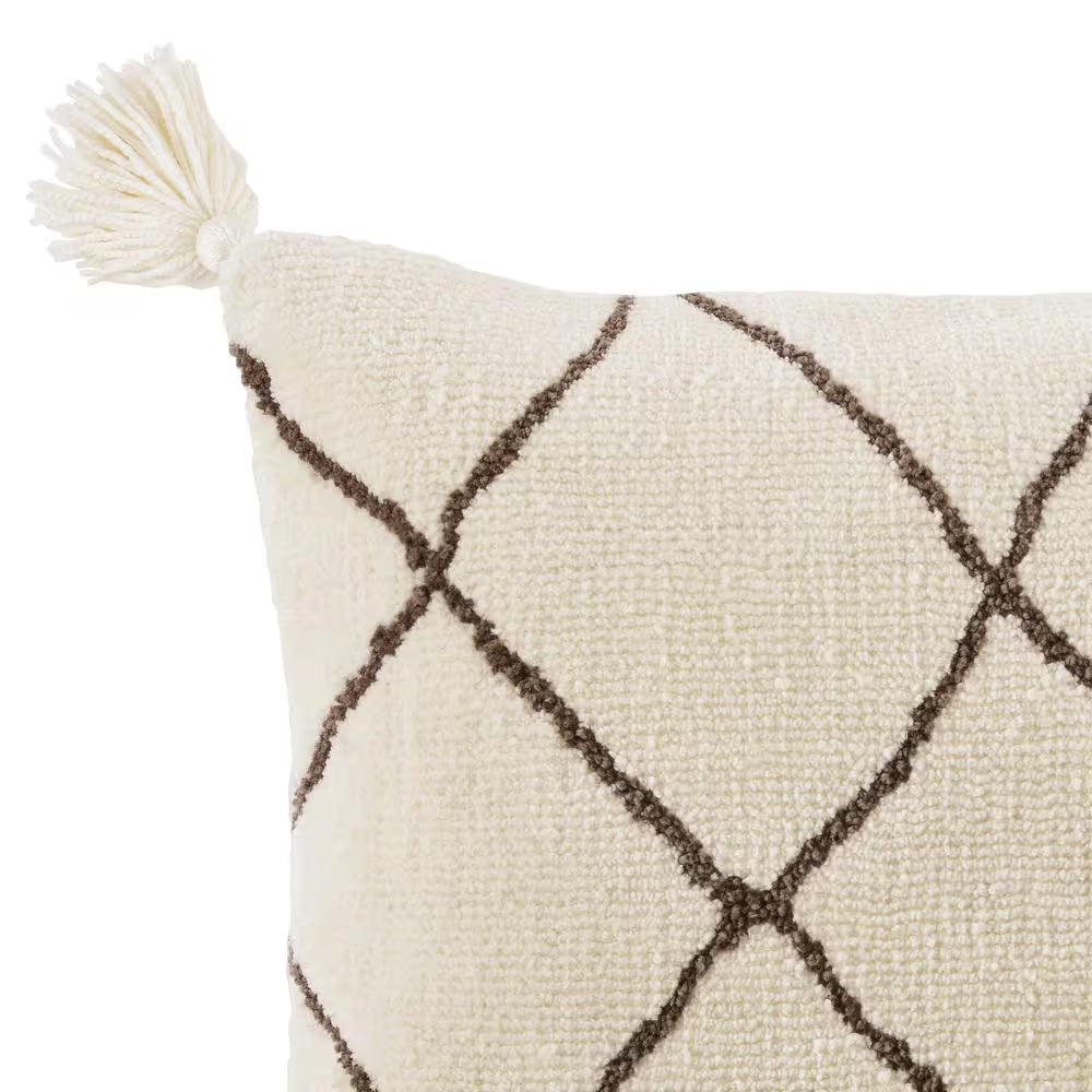 Cream Geometric Diamond 18 In. X 18 In. Square Decorative Throw Pillow with Tassels